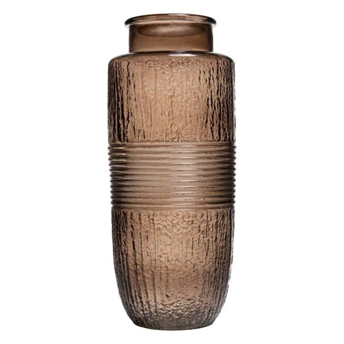 Vase en verre fumé marron avec texture nervurée. Design élégant et moderne. Idéal pour fleurs fraîches ou séchées. Déco intemporelle ou idée cadeau.