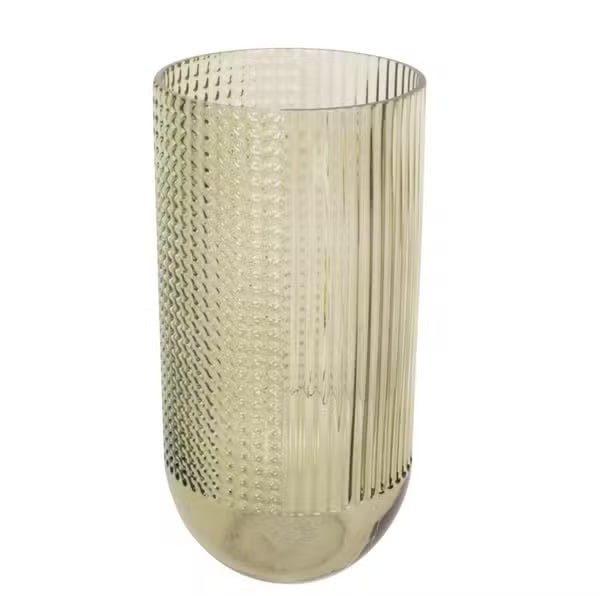 Vase en verre vert clair avec double texture : pois en relief et lignes verticales. Forme cylindrique moderne. Parfait pour bouquets ou déco minimaliste. Idéal pour mettre en valeur vos fleurs séchées ou fraîches. Objet déco à part entière, même vide.