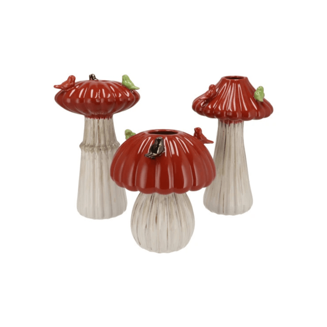 Set de 3 vases en forme de champignon avec oiseaux en céramique émaillée. Design automnal et poétique, parfait pour une déco naturelle et chaleureuse
