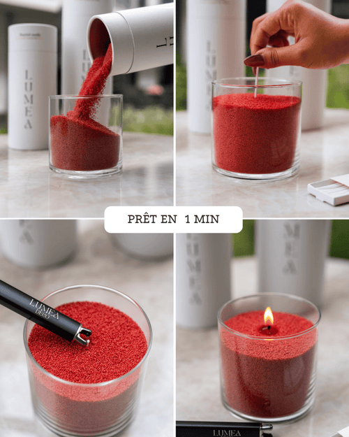 Démonstration de la bougie perlée rechargeable Lumea : verser la cire végétale rouge, insérer une mèche, allumer – prêt en 1 minute, sans résidus, personnalisable dans tout contenant.