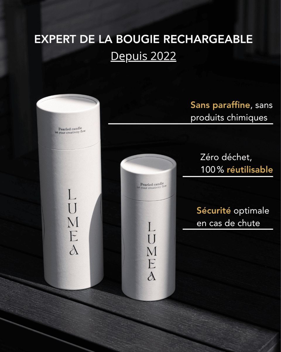 Bougies perlées rechargeables Lumea 500g et 1kg , sans paraffine, sans produits chimiques, zéro déchet, 100% réutilisables, avec sécurité anti-chute – packaging blanc haut de gamme.