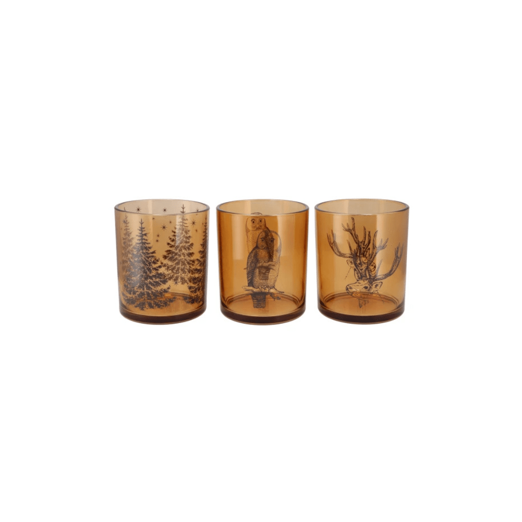 Set de 3 photophores en verre ambré avec motifs forêt : hibou, cerf, sapins. Parfaits pour une déco chaleureuse et naturelle. Idée cadeau hiver.