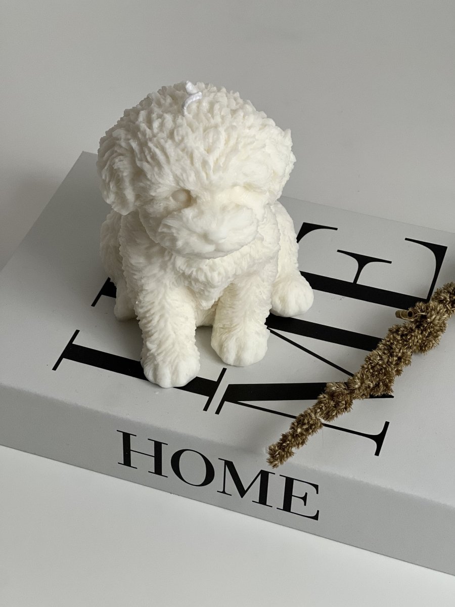 Bougie blanche en forme de chien assis, posée sur un livre décoratif HOME, ambiance minimaliste et douce, création Lumea Deco.