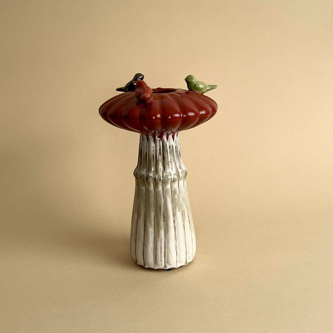 Vase Champignon Rouge avec Oiseau