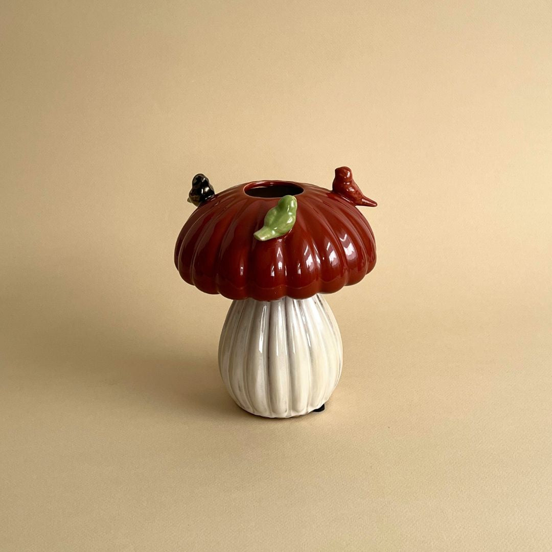 Vase Champignon Rouge avec Oiseau