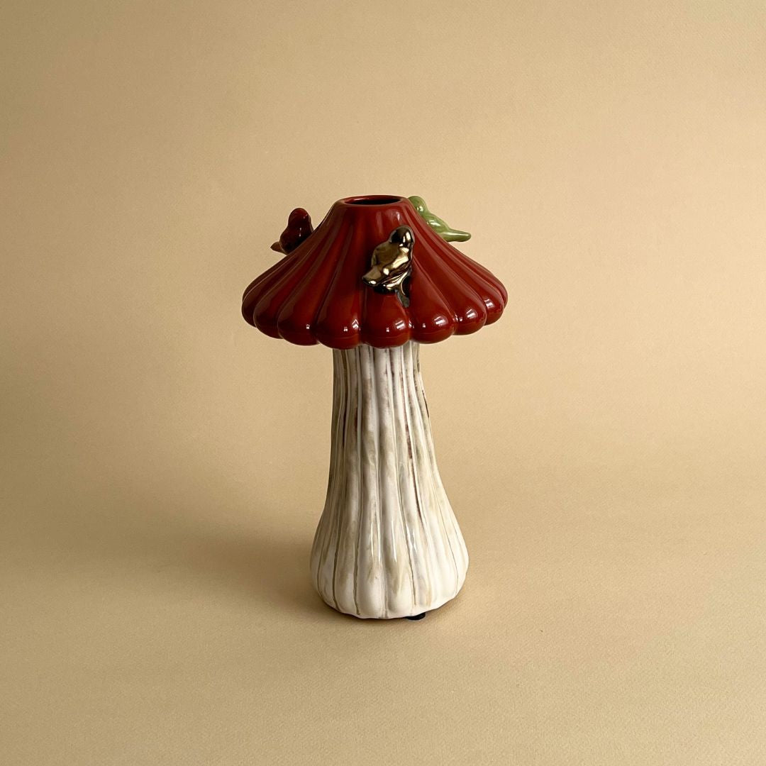 Vase Champignon Rouge avec Oiseau