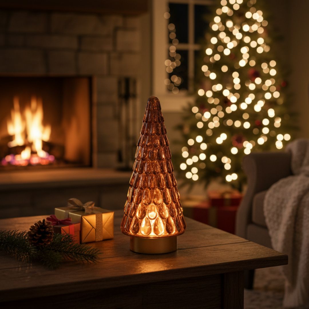 Lampe sapin en verre ambré