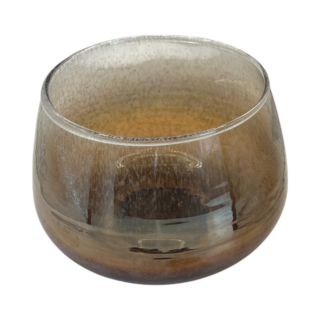 Photophore en verre arrondi avec dégradé marron fumé, idéal pour une décoration chaleureuse et naturelle aux tons automnaux.
