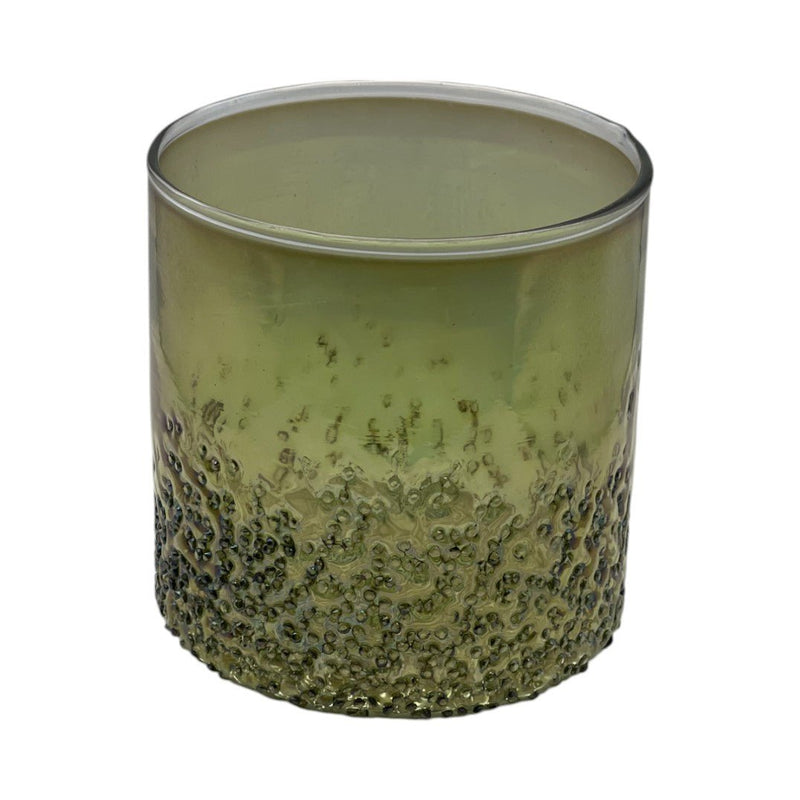 Photophore en verre vert avec effet dégradé et texture en relief façon bulles, parfait pour une ambiance chaleureuse et contemporaine.