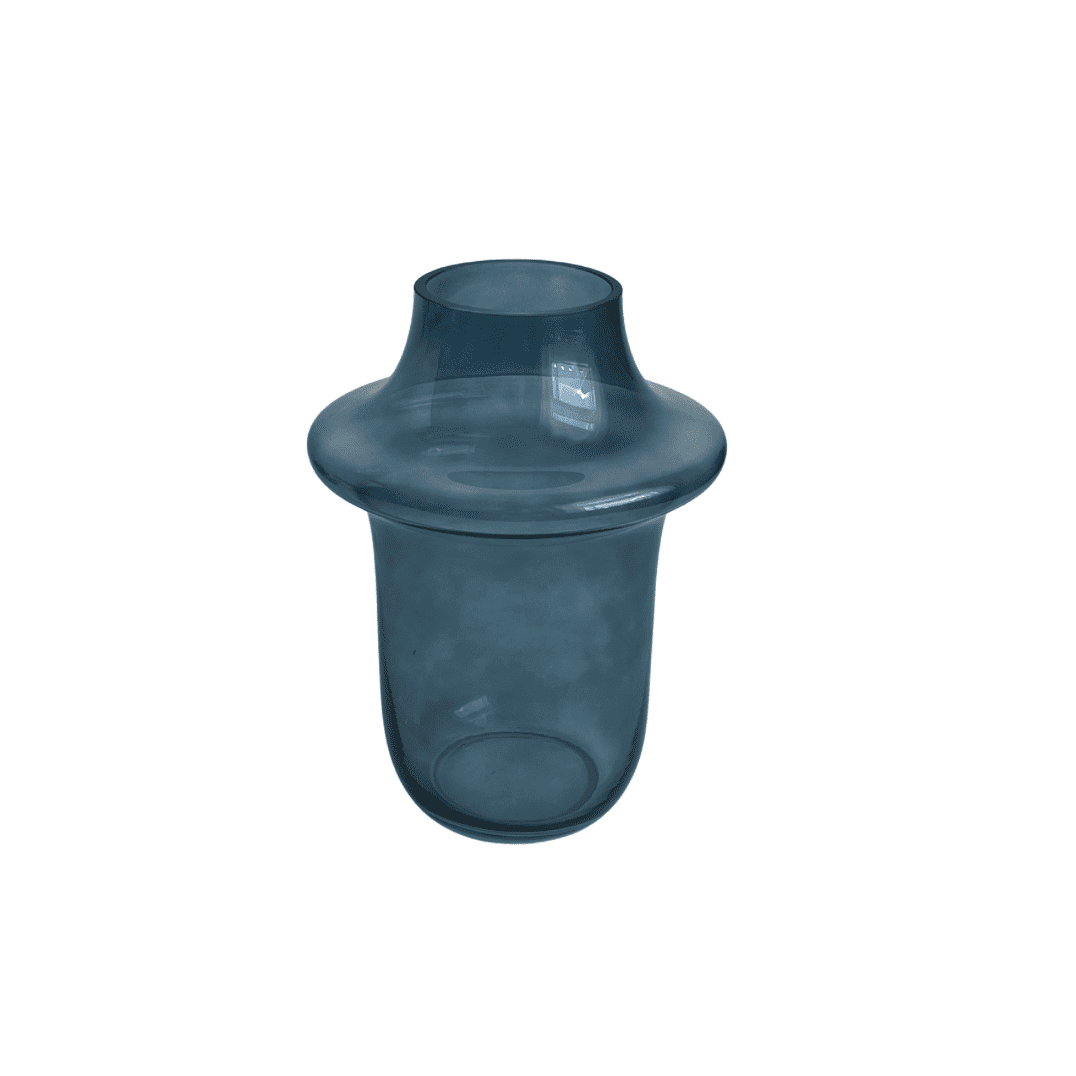 Vase en verre soufflé bleu pétrole au design moderne et organique, idéal pour décoration intérieure.